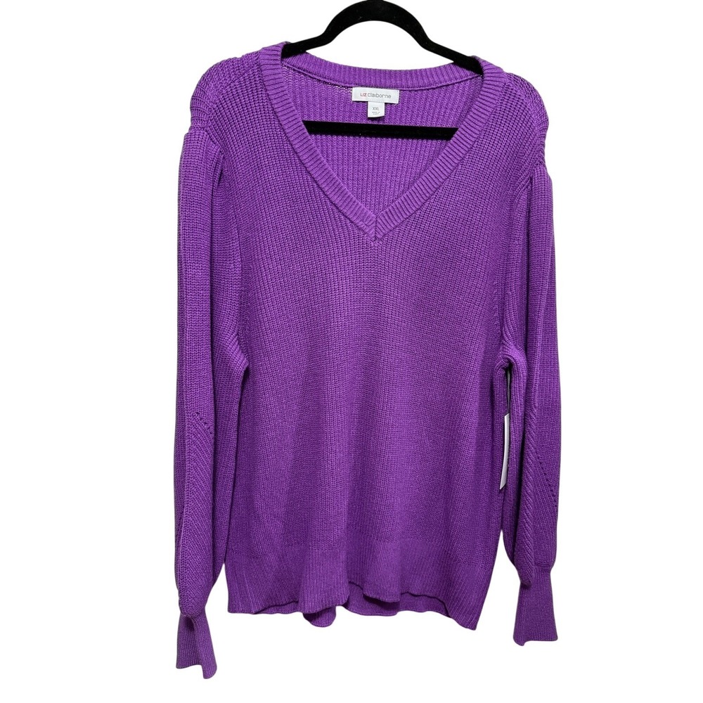 Liz Claiborne Womens XXL Bright Violet Ribbed V-Neck Puff Sleeve Sweater‎ NWT